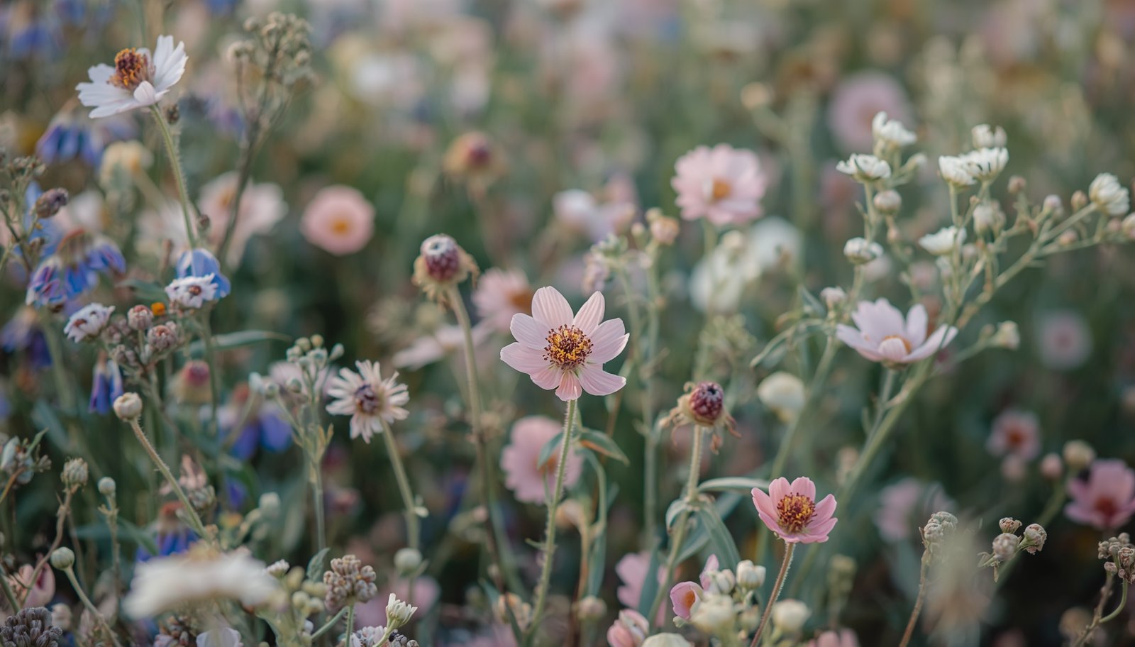 Soft Colorado wildflowers in muted rose and slate tones